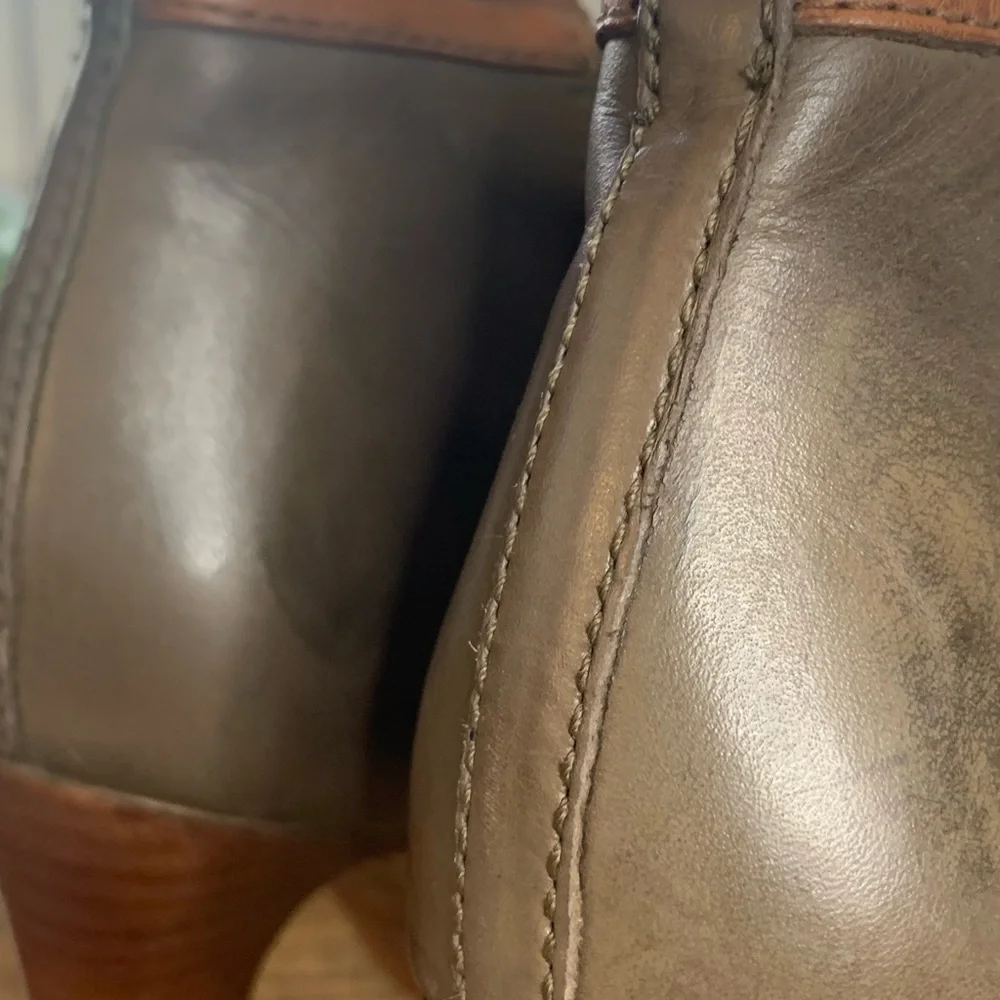 Tory‎ Burch Sz 9.5 M Olive/Brown Leather Ankle Boots Booties Zip Side High Heel